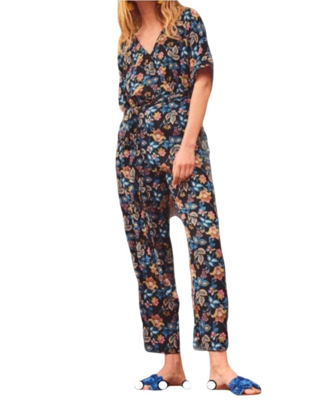 Boden Alice Paisley Wrap jumpsuit V Neck Short Sleeve Belted Size 8 Tall